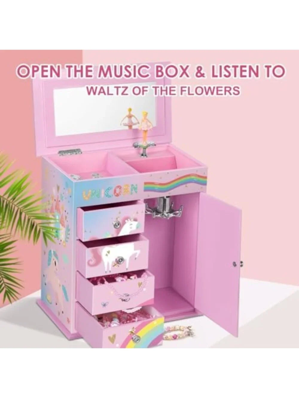 Girls Jewelry Box with 5 Layers, Swing Door, Ballerina & Unicorn Design, Music